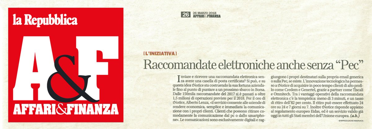 tNotice's tweet photo. La raccomandata elettronica: tNotice la soluzione innovativa in crescita esponenziale.
Il contributo di Affari & Finanza sul caso @tNotice .
@LaRepubblica_it #26marzo #laRaccomandataElettronica #InnovazioneItaliana #tNotice https://t.co/vAG1d5Y93y