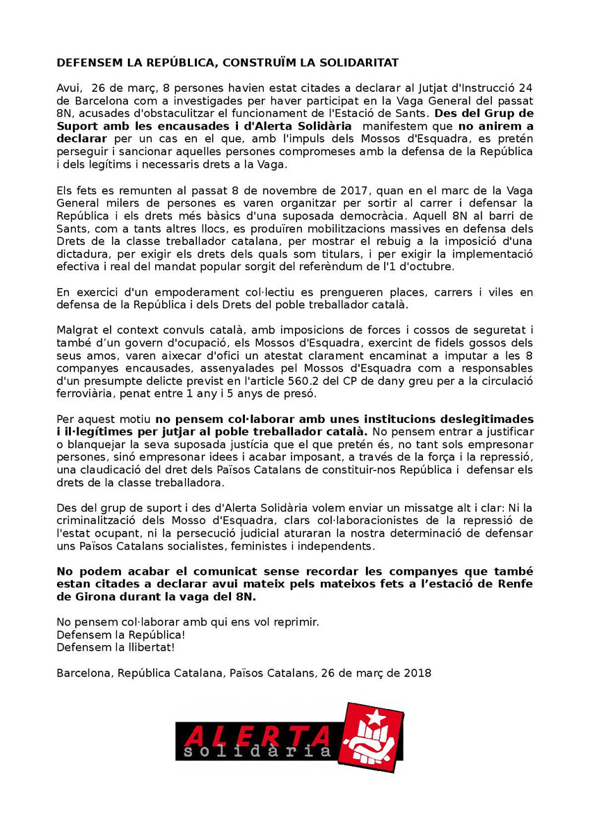 Endavant_OSAN's tweet photo. Amb la desobediència per bandera, també per plantar cara a la repressió. #NoCol-laborem Tota la solidaritat, no esteu soles! #8N https://t.co/FibU4qm0ba