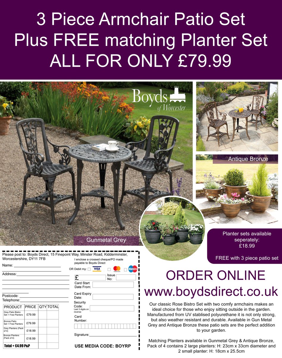 👀 DID YOU SPOT US IN <a href="/LoveYourSunday/">Love Sunday Magazine</a> THIS WEEK? 🙋‍♀️ Our beautiful patio sets are only £79.99! Buy a set and get your FREE! matching planters worth £18.99! #MondayMotivation #gardening #GardenersWorld #garden 
ORDER ONLINE: boydsdirect.co.uk/newpaper-adver…