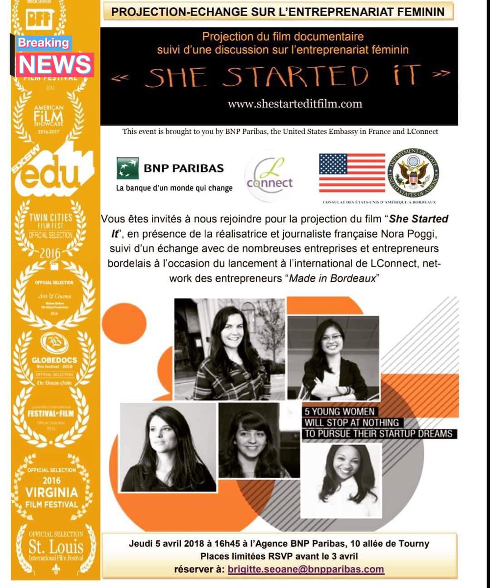 TecheneGregory's tweet photo. #entreprendre au féminin en France ou à l’#international => sujet d’échanges autour du film « she started it » de Nora Poggi👍 jeudi 05/04 à 16h45 @agence #bnpparibas #Bordeaux grand théâtre @LConnect_fr https://t.co/SHzGjkVT3h