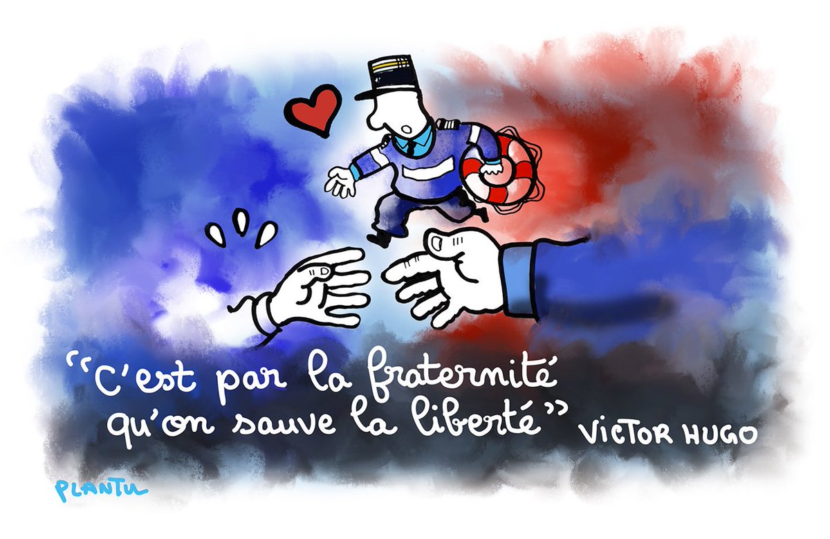 plantu's tweet image. HOMMAGE AU GENDARME ARNAUD BELTRAME.
Le dessin du Monde de lundi 26 mars.