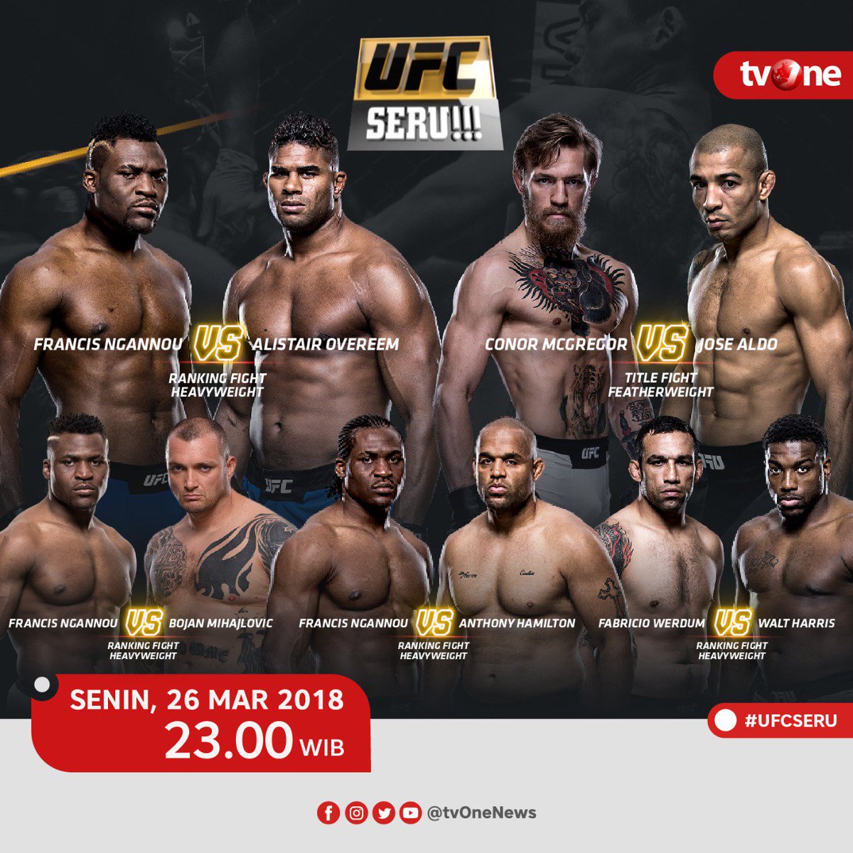 tvOneNews's tweet photo. Saksikan UFC Seru!!!: Fastest Knockout. Malam ini, pkl 23.00 WIB hanya di tvOne & streaming tvOne connect https://t.co/UuTzS4ze4K #UFCSeru #FastestKnockout https://t.co/dgygsBEwed