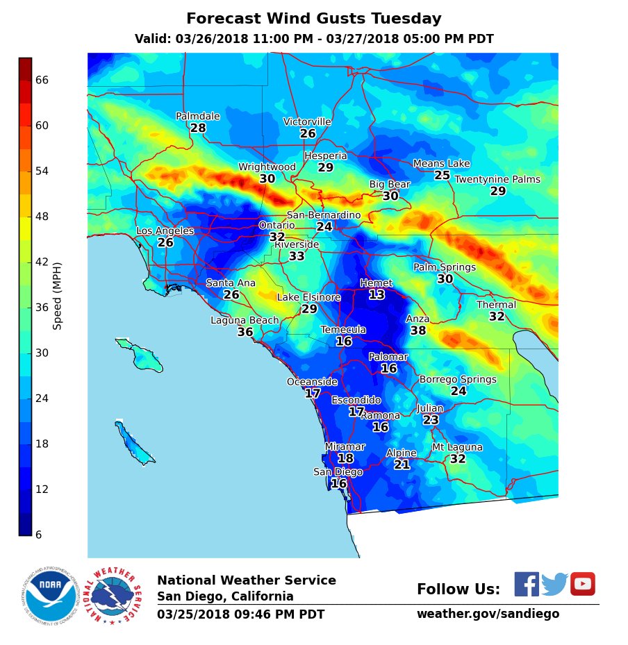 NWS San Diego on Twitter "Here are the peak Santa Ana winds forecast