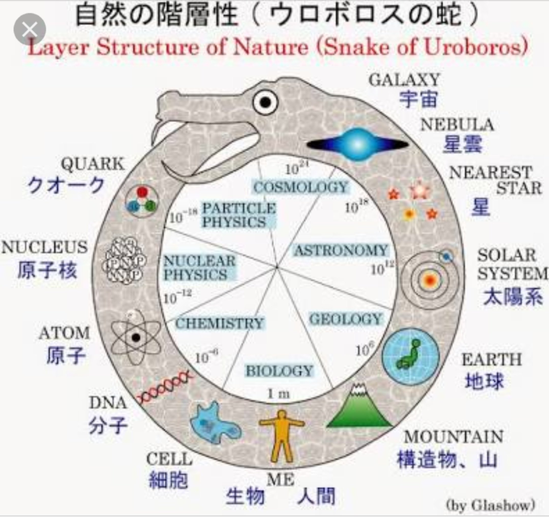 りえっぺ𓇬 ウロボロスについて調べたら気になる画像が 物理学者glashowは 素粒子物理学研究を進める事によって宇宙の全体の構造がわかる と考え ウロボロスの蛇 になぞらえたそう 量子 Dna 地球 太陽 惑星 宇宙 全ては繫がってるんだなぁ