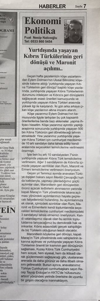 FuatNalcioglu's tweet photo. Bugün #Güneşgazetesi #EkonomiPolitika köşesinde çıkan köşe yazım. 'Rum, Maronit ve Ermeni azınlıklara kendilerini temsil için KKTC meclisinde birer sandalye tahsis edelimesi gündemde mi?
@RT_Erdogan @MevlutCavusoglu @DrRecepAkdag @Hseyinzgrgn @bbbasin @KKTC_Disisleri @kktcmeclis https://t.co/b8q8nWdCFk