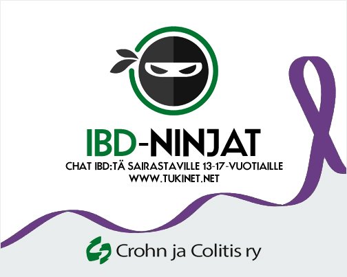 TukinetNet's tweet photo. Nuorten IBD-Ninja chat palaa tauolta ja on #Tukinet'issä tänään ma klo 19-20. Chatissä on #IBD-nuorten välistä keskustelua  asiasta ja sen vierestä ja sen järjestää @CrohnJaColitis. Tule mukaan vaihtamaan kuulumisia ja  ajatuksia! https://t.co/LmRdfU8pzt #nuori #vertaistuki https://t.co/xCNTwXLDvz