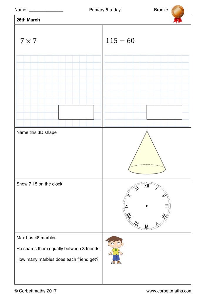 Corbettmaths's tweet photo. Try our Primary 5-a-day https://t.co/soAeLWNEDJ there are 4 levels of difficulty: bronze, silver, gold and platinum #corbett5aday #maths5aday https://t.co/4ImR9S6210