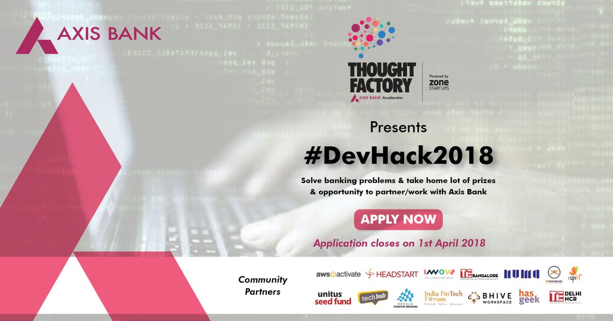 91springboard's tweet image. Build brilliant solutions for the #BankingTech sector at #DevHack2018, a unique #hackathon by our partners @TFInnovationLab &amp;amp; @ZoneStartUpsIn. Cash prizes, networking opportunities, and much more with @AxisBank #developers #coders 
Apply Now at goo.gl/9mjzdb!