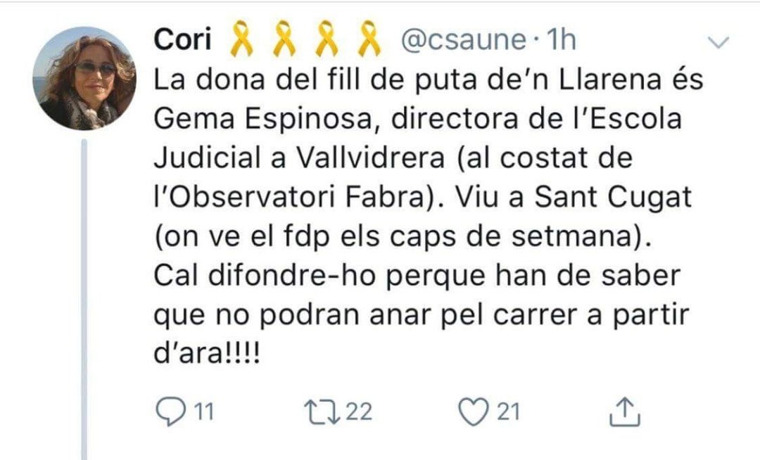 Los independentistas publican los datos de la mujer de Llarena para que «no pueda salir a la calle» DZMqGPDWAAAdWVb