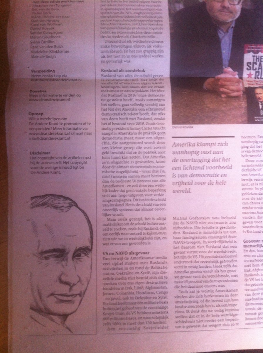 Op de redactie van het woke 'alle Westerse media liegt over Rusland'-krantje: "Als we onszelf nou alvast parodiëren in onze krant, kunnen ze ons daar niet meer op pakken." "Ja goeie, ik bel de illustrator!".