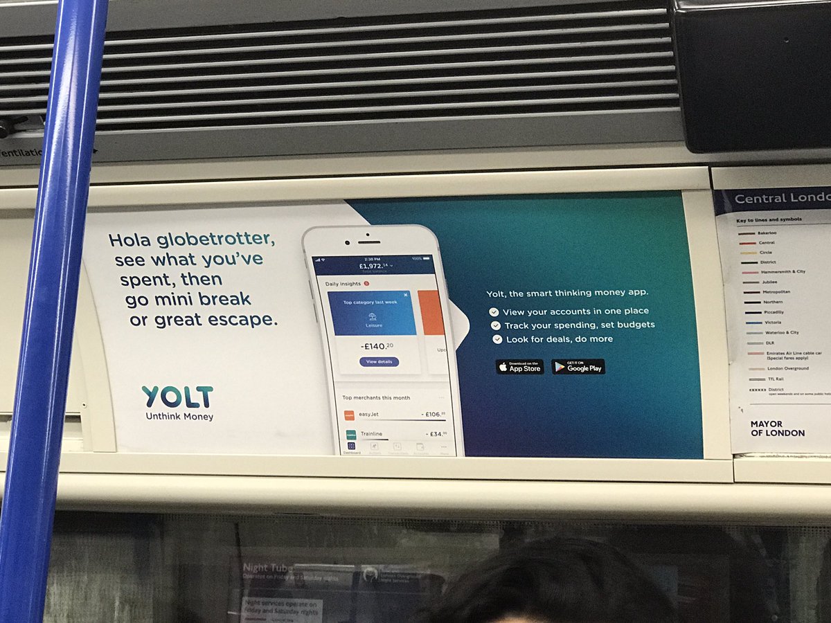 hpolson2's tweet photo. @getyolt spotted this weekend on the northern line! #unthinkmoney #yolt https://t.co/R1sdhUtAHZ