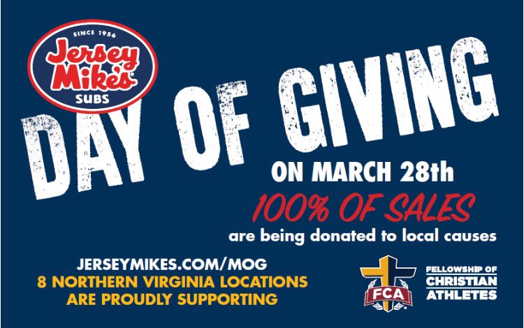 Remember - Wednesday, March 28th is the "Day of Giving" at all Jersey Mike's stores in Loudoun. Eat a sub and 100% of sales support FCA so we can reach more coaches and athletes. If you're in town, please plan to eat a meal at Jersey Mike's!