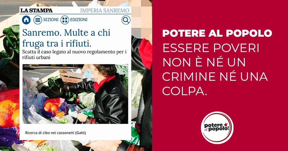 potere_alpopolo's tweet photo. Fino a 300 euro di multa per chi cerca cibo nei cassonetti.
 
La sanzione, già prevista a Genova, dovrebbe essere introdotta a breve dal Comune di Sanremo.

Pare che in questo paese sia di moda fare la guerra ai poveri invece che contrastare con forza la povertà e le sue cause. https://t.co/RBl5k813OD