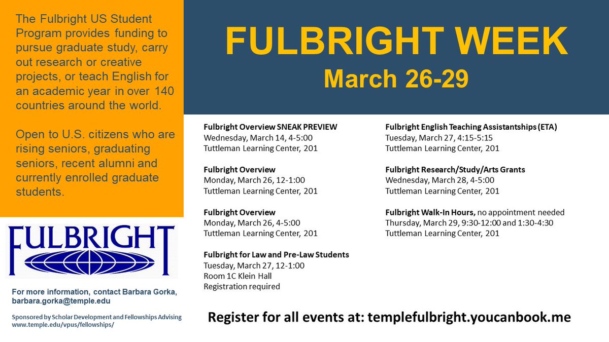 Fulbright Week <a href="/FulbrightPrgrm/">The Fulbright Program</a> starts today! Monday: Fulbright Overview at noon and 4:00 in 201 Tutt. Ten Temple students and alumni are abroad now on Fulbright grants. Where will the Fulbright take you? <a href="/Temple_U_Abroad/">Temple U Abroad</a> <a href="/TempleHonors/">Temple Honors</a> <a href="/TempleUniv/">Temple University</a> <a href="/TULiberalArts/">Temple College of Liberal Arts</a> <a href="/TylerSchool/">Tyler School of Art and Architecture</a>