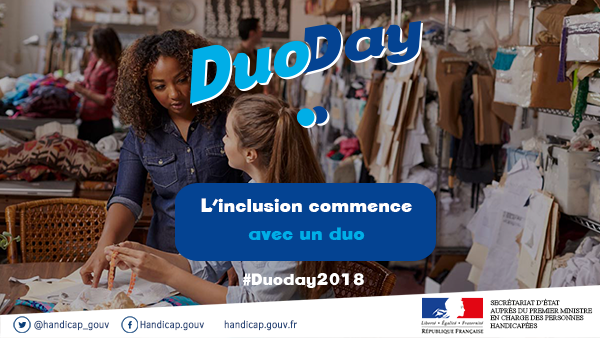 Solidarite_gouv's tweet photo. [Save the date📅] Le #Duoday2018 ? C'est 1 jour, 1 #métier pour un duo gagnant 👊
✔ Tout le monde peut participer : chefs d'entreprise, journalistes, salariés, sportifs, enseignants, artisans.. 
🔛 L'objectif ? L'inclusion par l' #emploi
Infos ➡ https://t.co/WGzvPZgO7r https://t.co/FERbmb8OKR