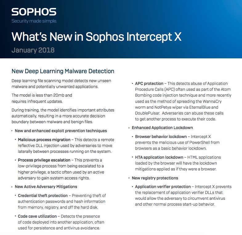 What's new in Sophos Intercept X? 
🔸Enhanced techniques, including malicious process migration and process privilege escalation.
🔸New active adversary mitigations, like, credentialing theft prevention, code cave utilization, and APC protection.
See more: soph.so/dcEw30j6rt1