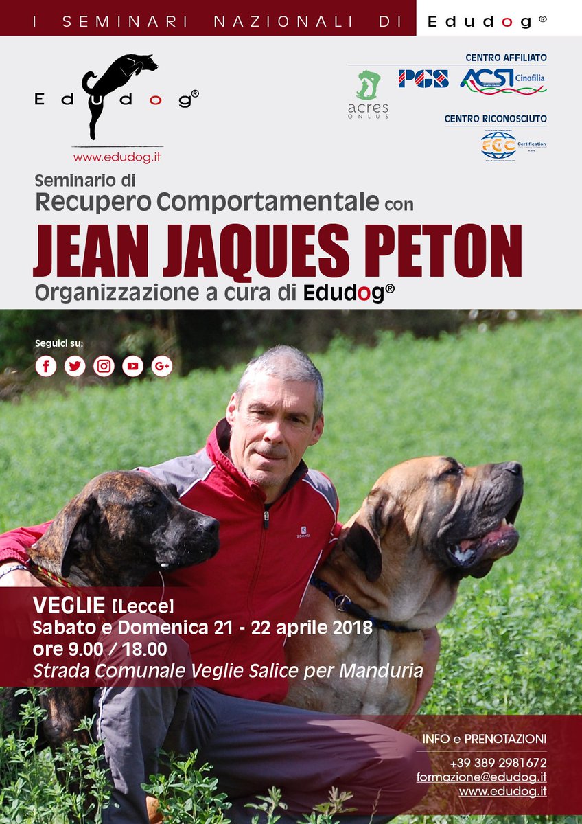 Edudog1's tweet image. 📌 Il Seminario di Recupero Comportamentale con Jean Jaques Peton #Istruttore specializzato in recupero #cani aggressivi. 🗓️ Il 21 e 22 aprile a  #Veglie nella sede #Edudog