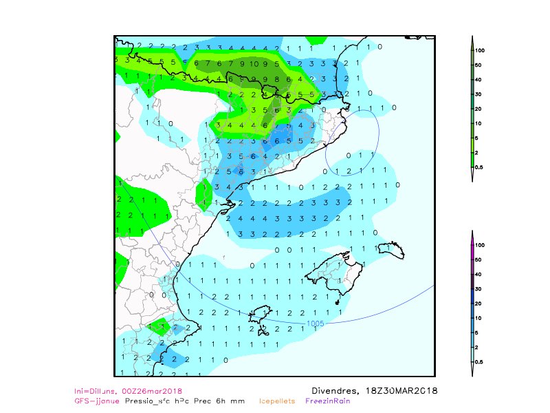 tempsdefred's tweet photo. Aquí tenim un mapa del model GFS previst per aquest divendres a les 18 hores, estarem pendents de la cota de neu, ja que es pot desplomar força cap als 400/350 metres #tempsdefred #324eltemps https://t.co/gKVPyaEQ5Z