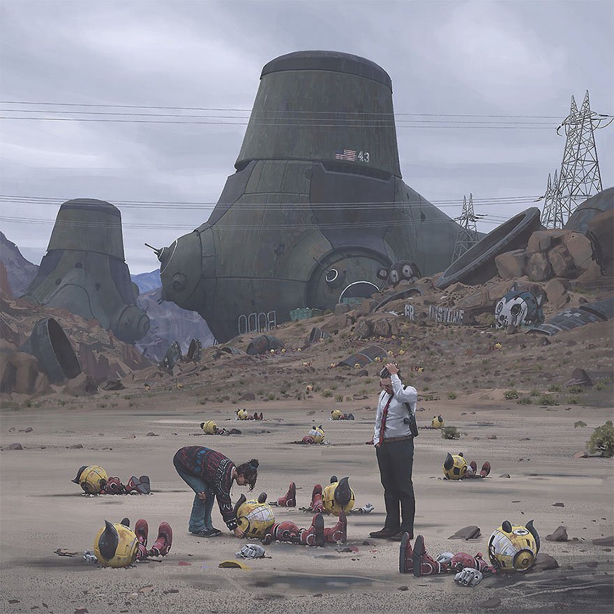 MrEwanMorrison's tweet image. Post-Technology Future. The art of Simon Stålenhag depicts a parallel universe in which Hi-Tech, Robotics &amp;amp; VR reached amazing heights then suddenly collapsed. An alternative world in which we've regressed to the 1980s, and are surrounded by dead Super-technology. Amazing.