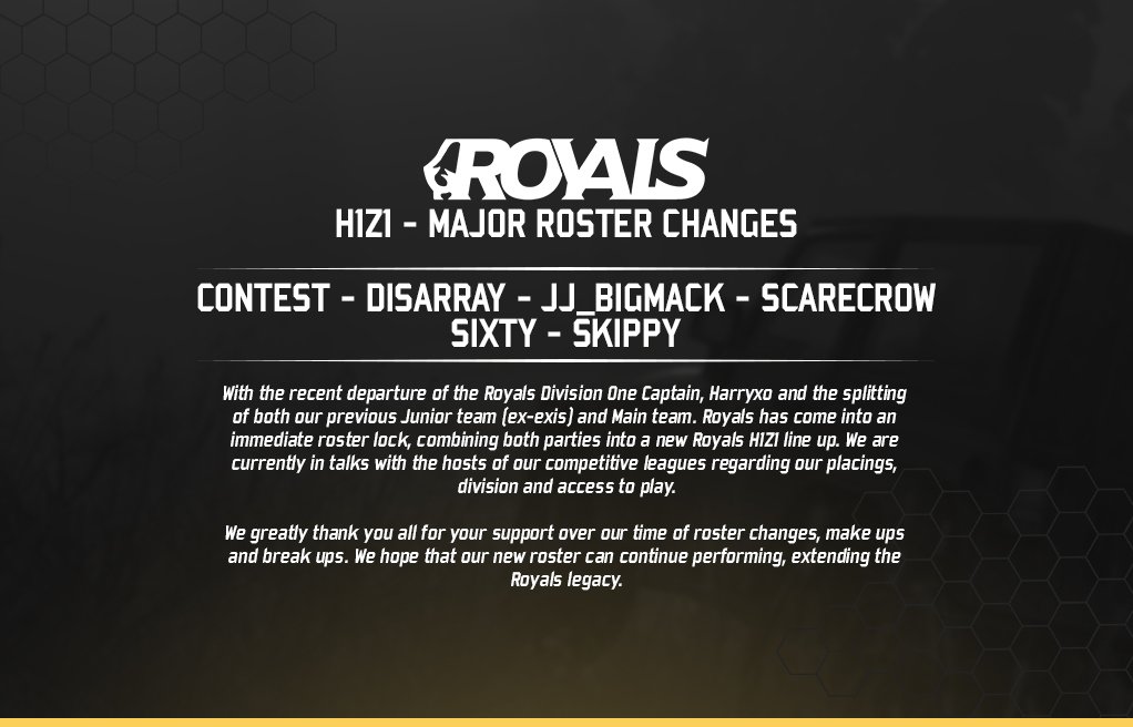 RoyalsESC's tweet photo. Royals after recent events has had to overcome a major hurdle in our relations to competitive H1Z1.

We thank you all for your support since the beginning. https://t.co/RidvLzdf04