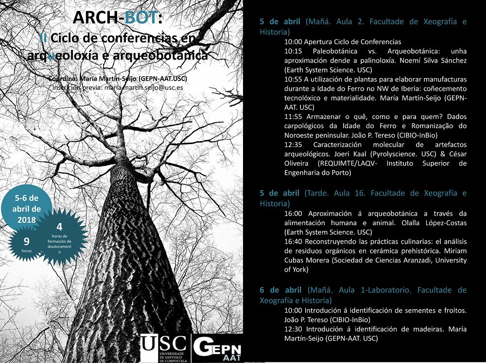 UniversidadeUSC's tweet photo. Segundo ciclo de conferencias en #arqueoloxía e #arqueobotánica do @GEPNUSC. 5 e 6 de abril na Facultade de Xeografía e Historia. #ArchBot https://t.co/w7be75fHDT