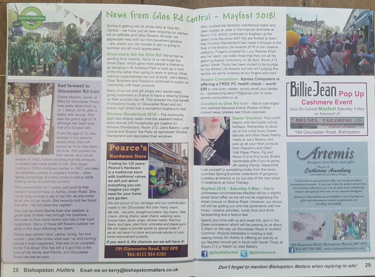All our springtime news in latest Bishopston Matters <a href="/bishmatters/">Bishopston Matters</a> @JoesBakeryBris <a href="/Artemis_Bristol/">Artemis Bristol</a> <a href="/OsnaTherapy/">Osna Therapy</a> <a href="/room212gallery/">Room 212</a> <a href="/XpressComputer1/">Xpress Computers</a> <a href="/windowwander/">Window Wanderland ✨</a>