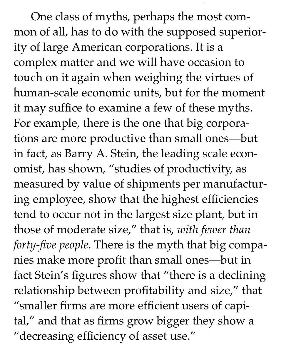 If true, that the most productive factories are those “with fewer than forty-five people”, imagine the possibilities for smaller town and cities to share in industrialism (200 years too late). From “Human Scale Revisited” by Kirkpatrick Sale.