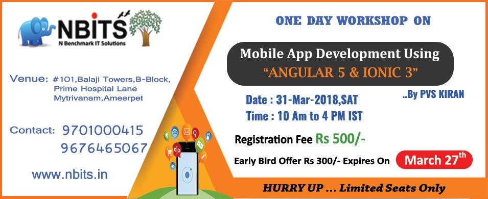 job_courses's tweet photo. Hi This is a good opportunity. #Nbits is going to conduct a #WORKSHOP ON BUILDING #MOBILE APP USING #ANGULAR5 & #IONIC3.
Come and join with us. For more details contact:9676465067
For Registration click here:
https://t.co/qiVmvR9iLi https://t.co/WavU9HZG6i