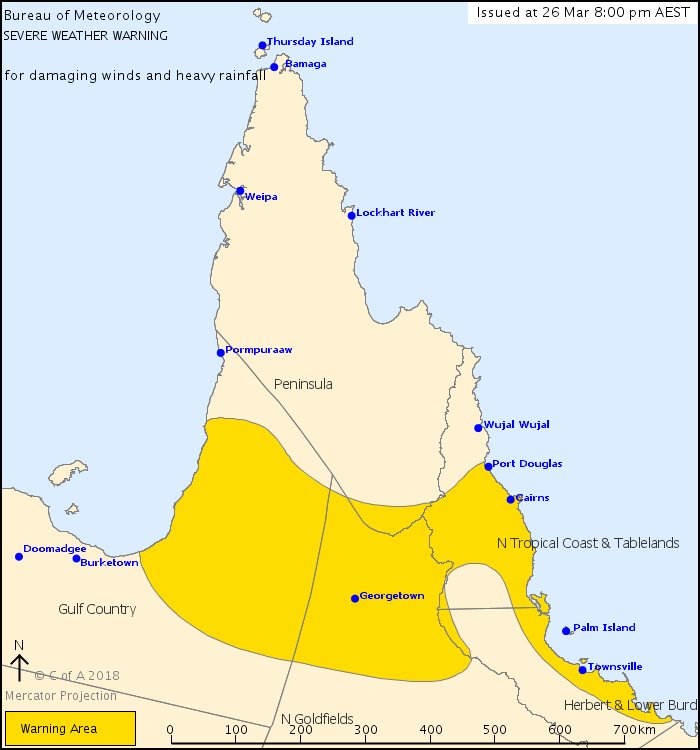 ABCemergency's tweet photo. Heavy rain which may lead to flash flooding and damaging winds with peak gusts in excess of 90kph are possible in the warning area on Monday night and early on Tuesday.
It's due to a trough connecting ex-tropical #CycloneNora to the North Tropical Coast. https://t.co/ZLv09tR72Q https://t.co/ZlxW4lIofA