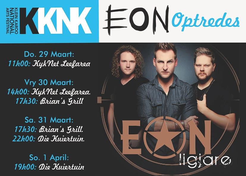 Ons kan nie meer wag nie! Ons eerste <a href="/KKNKfees/">KKNK</a> as #EON. <a href="/Legatoartists/">LegatoRecords</a> <a href="/NvR_Management/">NvR Management</a> <a href="/pietermarcato/">Pieter Marcato</a> <a href="/AltusTheart/">Altus Theart</a> <a href="/TheMarketingZoo/">The Marketing Zoo</a> <a href="/kykNETNou/">kykNET Nou!</a> <a href="/GMR_kykNet/">Getroud met Rugby</a> <a href="/SmithPieter/">Pieter Smith</a> <a href="/Wian_Smith/">Wian Smith</a> #EonGaanwild #MusoLife