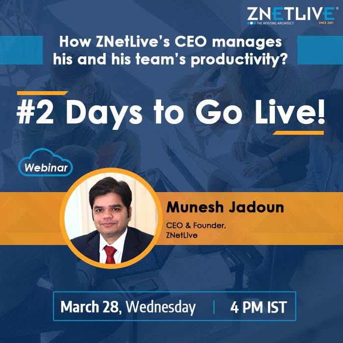 znetlive's tweet image. Connect with @MuneshJadoun, CEO &amp;amp; Founder- ZNetLive to understand the tips &amp;amp; tricks for managing your and your team’s tasks.

Only 2 Days to Go! Hurry up &amp;amp; register now-goo.gl/7vBEZz

#webinar #LiveWebinar #productivitySolution #timemanagement #teamcollaboration