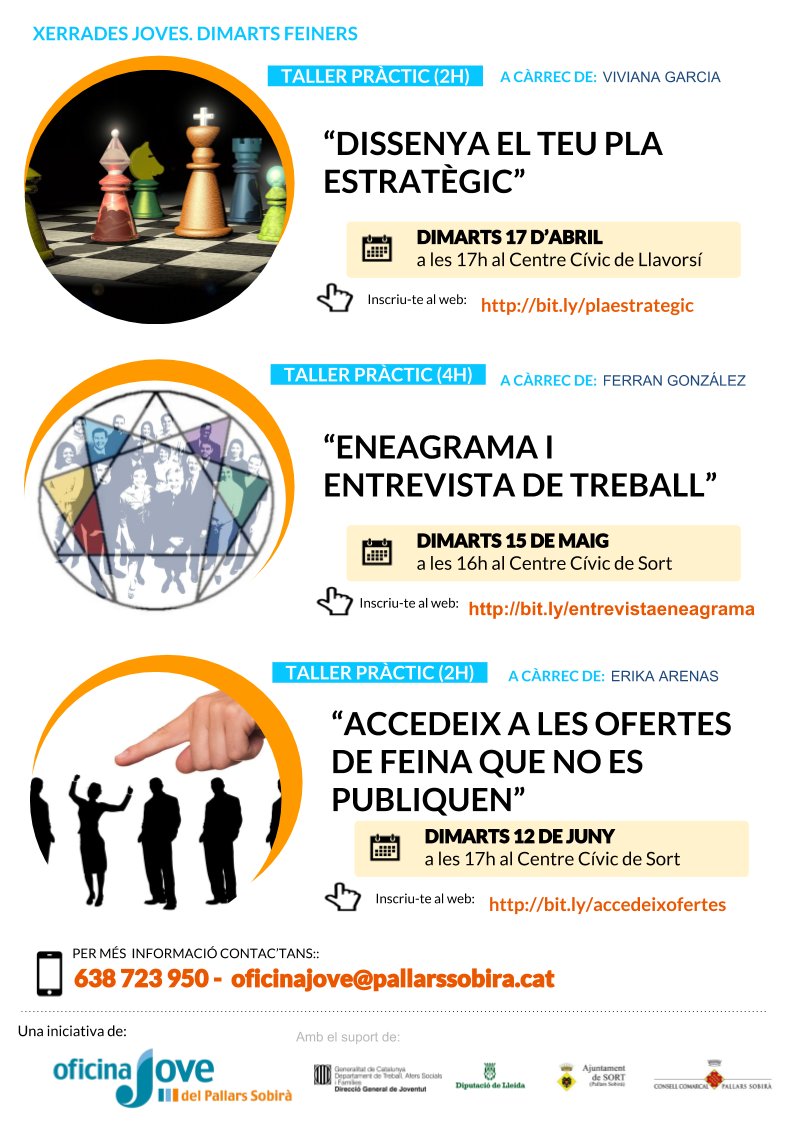 sobirajove's tweet photo. Ja tenim les inscripcions obertes als tallers pràctics dels #dimartsfeiners: 17 d'Abril "Dissenya el teu pla estratègic", 15 de maig "Eneagrama i entrevista de treball" i 12 de juny "Accedeix a les ofertes de feina que no es publiquen" #joves #treball #femsobira #pallarssobira https://t.co/2XM0vuiaEd