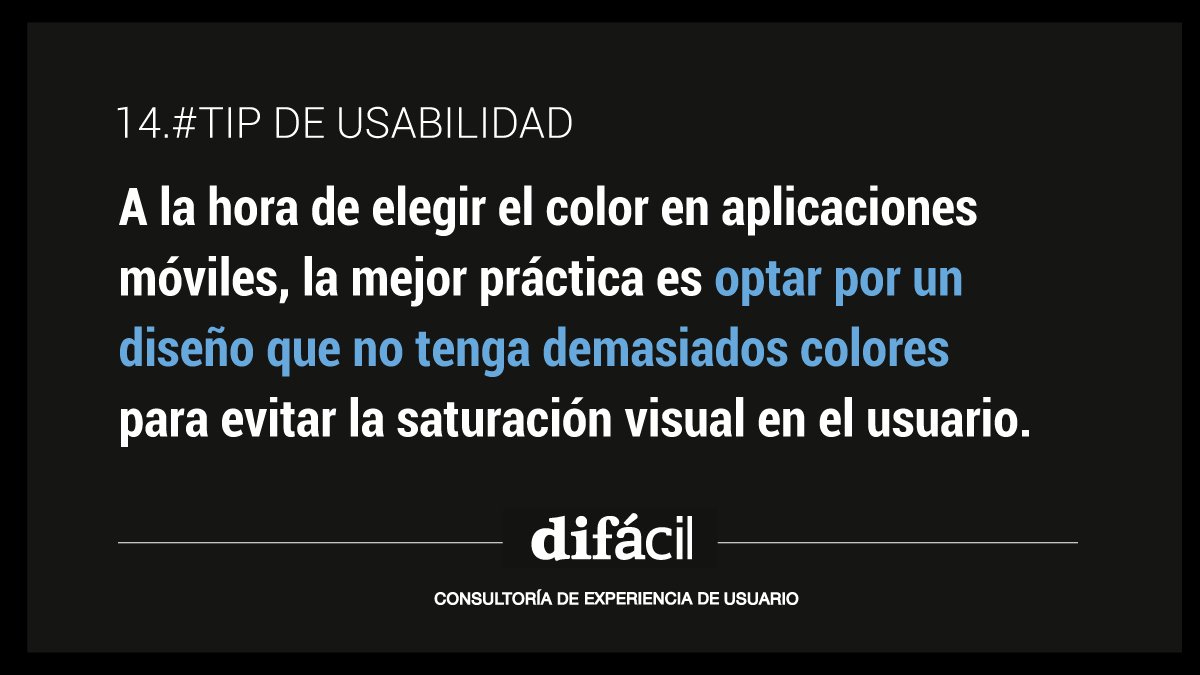 Difacil_UX's tweet photo. 🚩#Consejo: A la hora de elegir el color en aplicaciones móviles, la  mejor práctica es optar por un diseño que no tenga demasiados colores  para evitar la saturación visual en el usuario. #Difacil #TipUsabilidad https://t.co/3RTygK015H https://t.co/XbnM2LiU56