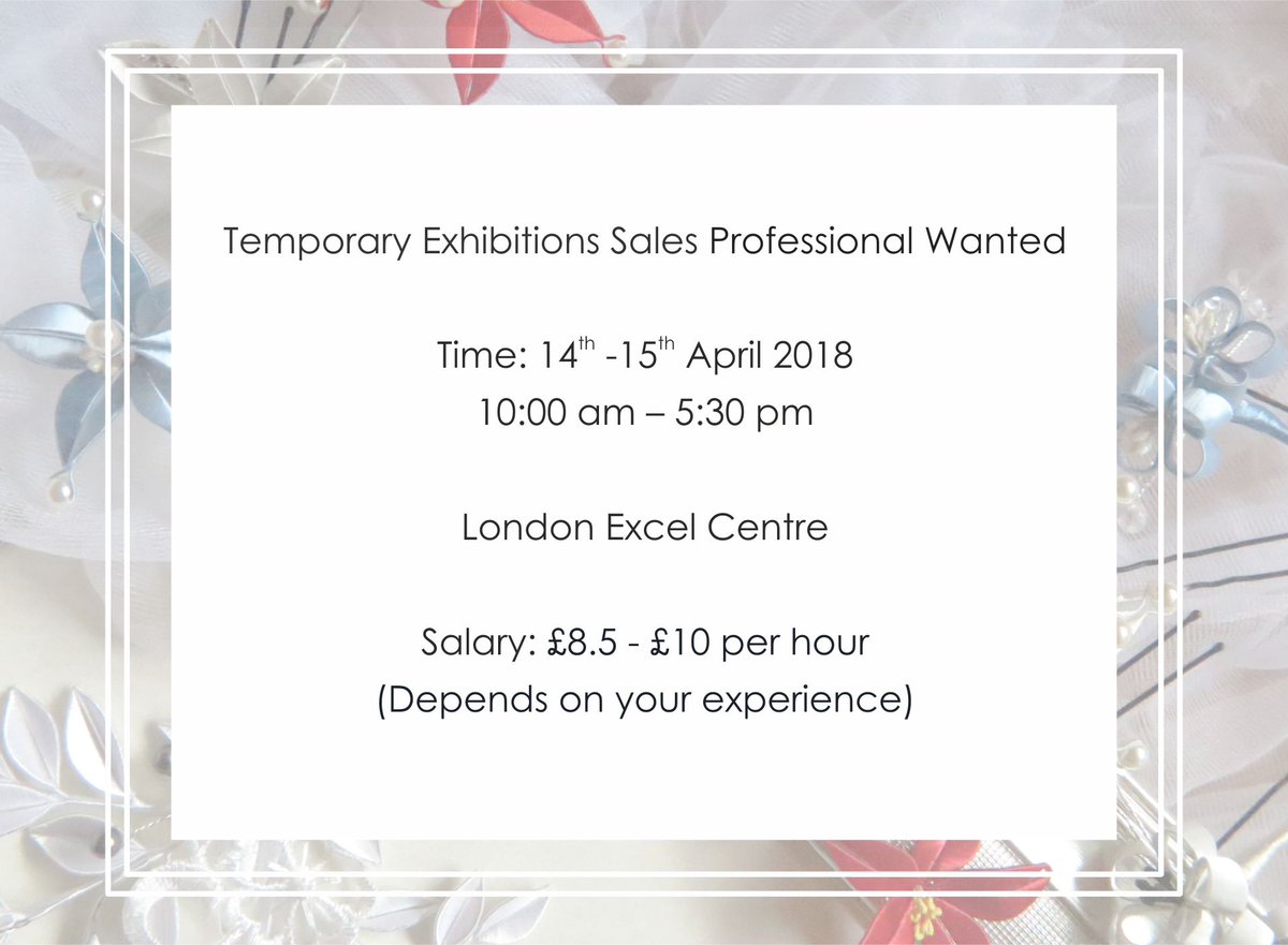 Mandorla (@mandorla_studio) on Twitter photo Looking for an exhibition sales professional
You will need to have at 6 months to least 1-year sales experience and speak English as a mother tongue. Other languages silk will be a bonus.
Contact us: info@mandorlalondon.co.uk
#jobsearch #JobSeek #Sales #WANTED Looking for an exhibition sales professional
You will need to have at 6 months to least 1-year sales experience and speak English as a mother tongue. Other languages silk will be a bonus.
Contact us: info@mandorlalondon.co.uk
#jobsearch #JobSeek #Sales #WANTED