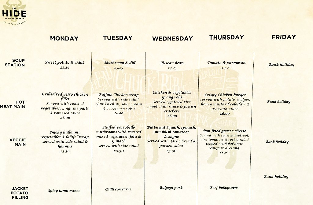 SkinnersCafeWS's tweet photo. Menu for this week @WSLeathermarket @VacherinLondon https://t.co/AkBYBarsEx