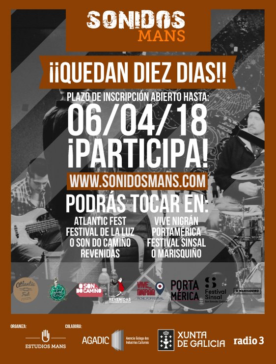 📣Últimos días para inscribirse en #SonidosMans  🎸Podrás tocar en #festivales @osondocamino @Portamerica @atlanticfest @ViveNigran @Sinsalaudio @Revenidas @Omarisquinho @festivaldelaluz y 🎧 grabar en @estudiosmans 👉sonidosmans.com