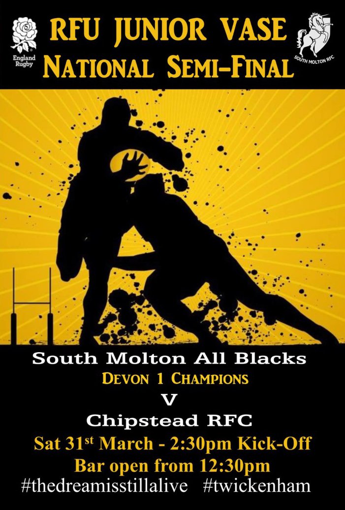 Newly-crowned Devon One champions South Molton would love as much support as possible this coming Saturday when they host Chipstead in the RFU Junior Vase semi-finals.