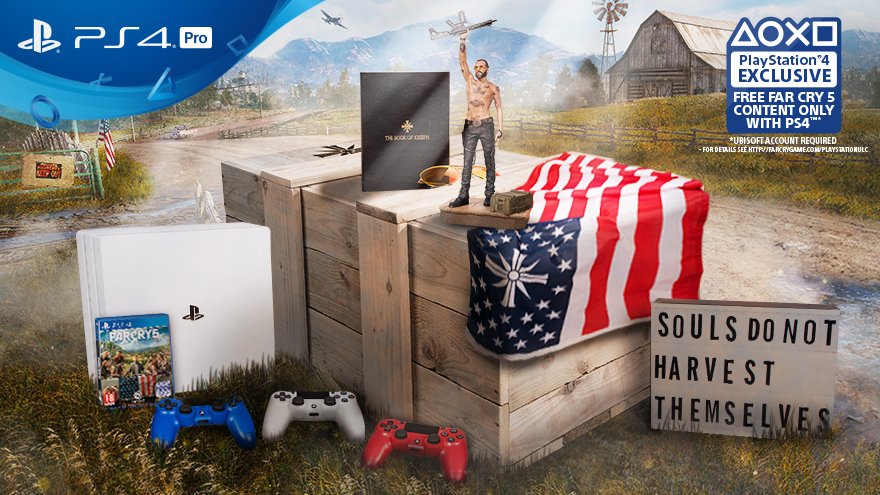 PlayStationUK's tweet image. Rejoice in the release of #FarCry5 on PS4. Follow &amp;amp; RT for the chance to win the one-of-a-kind Freedom Bundle – the perfect addition to any doomsday cult! 🦅🇺🇸🐕🌭 T&amp;amp;Cs: bit.ly/2pERPMg