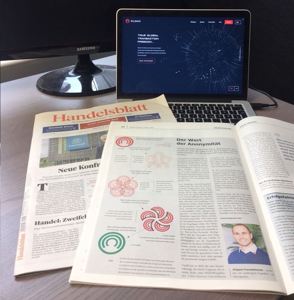 We are pleased to inform you that the CLOAK article was published in the @Handelsblatt! Handelsblatt is a leading German business newspaper, which aim to reach an international audience interested in business &amp; finance with over 450k daily readers! #CloakCoin @Hackebeil_Harry