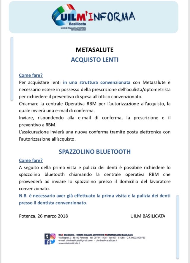 UilmBasilicata on Twitter: "#UilmInforma #mètasalute - istruzioni operative  per l'acquisto lenti in strutture convenzionate - e richiesta spazzolino  Bluetooth @UilmNazionale https://t.co/7WAvvoCNJT" / Twitter