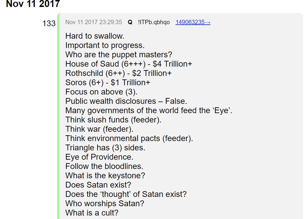 Now read this early Q Post in context of this thread.re-read crumbsQ“Vladimir Putin: The New World Order Worships Satan”Q #DeepStateGate  #QAnon  #Q  #TheGreatAwakening  #FollowTheWhiteRabbit  #Qanon8chan  #qanon4chan  #FakeNews  #IBOR  #KeepAmericaGreat