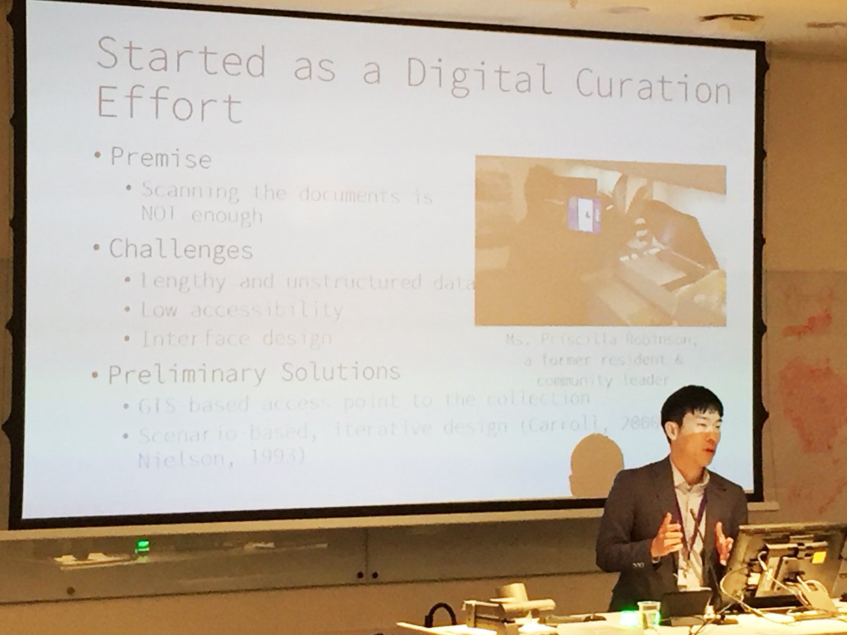 bksutherland's tweet photo. @deeperlee @iSchoolUMD presenting Case Study on Urban Renewal - historically sensitive data platforms - identifying values and tensions. #digitalcuration #spatialnarratives #iconf18 https://t.co/kkWvjuLmkV