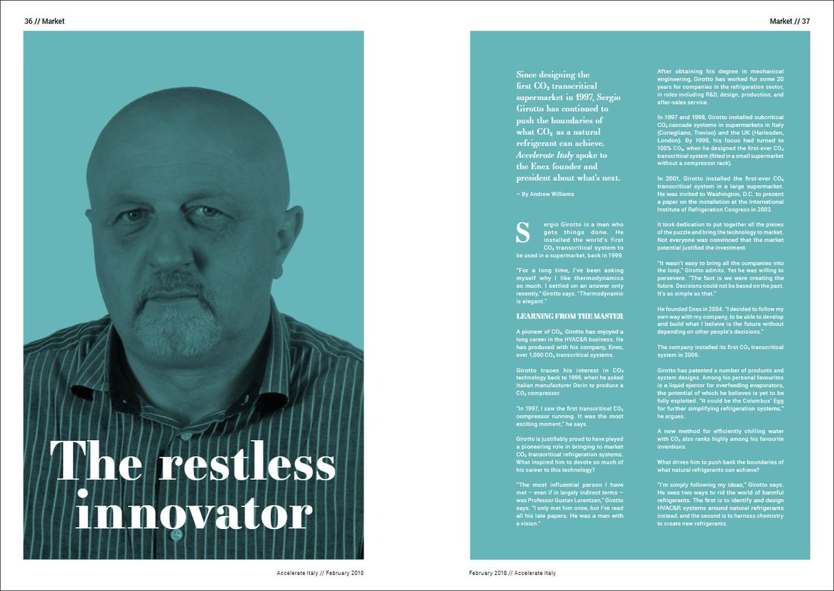 We've been working with Sergio since 2009 &amp; operating as Enex’s UK partner/distributor for the past 5yrs. This month's Accelerate, provides an overview of Sergio’s approach &amp; his achievements within the field of CO2 Refrigeration. Well worth a read.

bit.ly/SergioGirotto