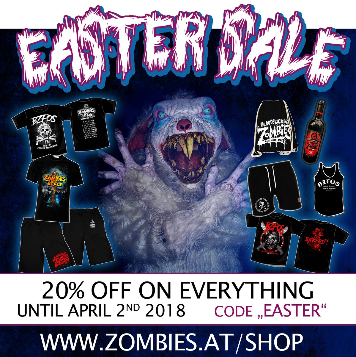 Gorehounds and Splatterpunks - there's a special #easter #sale at our merch store! Have a look and get 20% off all items ! The offer ends on April, 2nd. And don´t forget to fill in the coupon code „easter“ at the end of your order to get the discount! #happy #holidays #bzfos