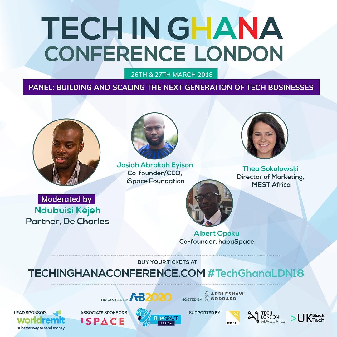 TechInGhana's tweet photo. Next is #TechGhanaLDN18 Panel Session 2: Next Generation: Building and Scaling #Ghana’s New #TechBusinesses.
With @jkeyison, @iSpaceGh • @theasoko, @MESTAfrica • @AlbertYawOpoku, #HapaSpace.
Moderated by: Ndubuisi Kejeh, #DeCharles. https://t.co/ScNLwZ5tHG