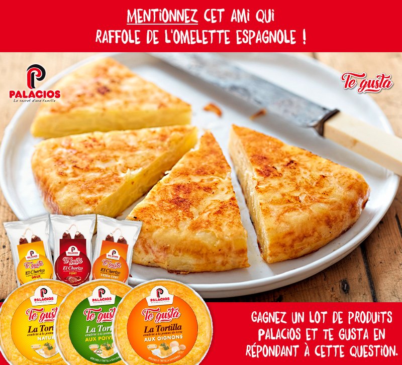 PalaciosFrance's tweet image. [CONCOURS] L’un des produits les plus typiques de la cuisine espagnole    est certainement l'omelette espagnole. Vous connaissez sûrement quelqu'un qui en raffole. Mentionnez-le et vous pourrez gagner l'un des  20 lots de produits  que nous tirons au sort. bit.ly/2FlRbxS