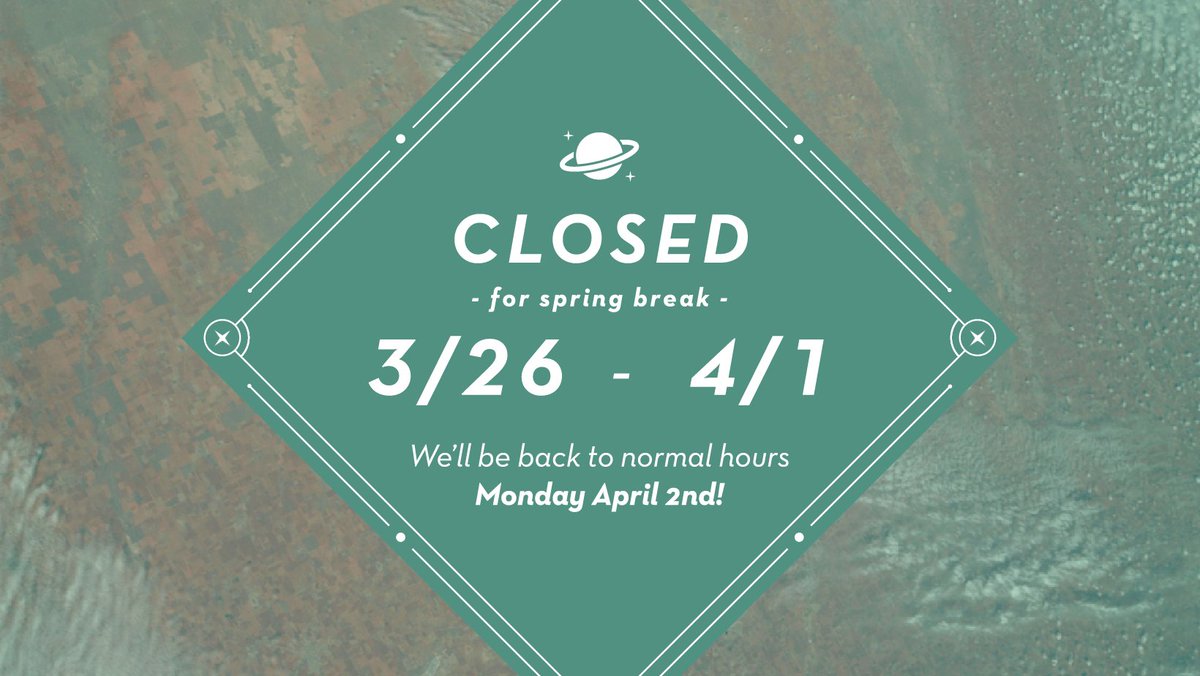 planetarycoffee's tweet image. Attn Coffenauts: We are taking some time off for Spring Break. We will be closed from Mon 3/26 - Sun 4/1, and back to our normal hours MONDAY APRIL 2ND! Have a wonderful week!
