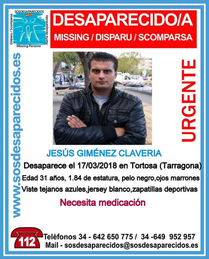 🆘URGENTE⚠ 
Seguimos buscando a Jesús, necesita medicación, desapareció en #Tortosa #Tarragona.
¿Lo has visto?
☎️062
☎️112
#Colabora, tu RT no cuesta nada y puede ayudarle mucho.