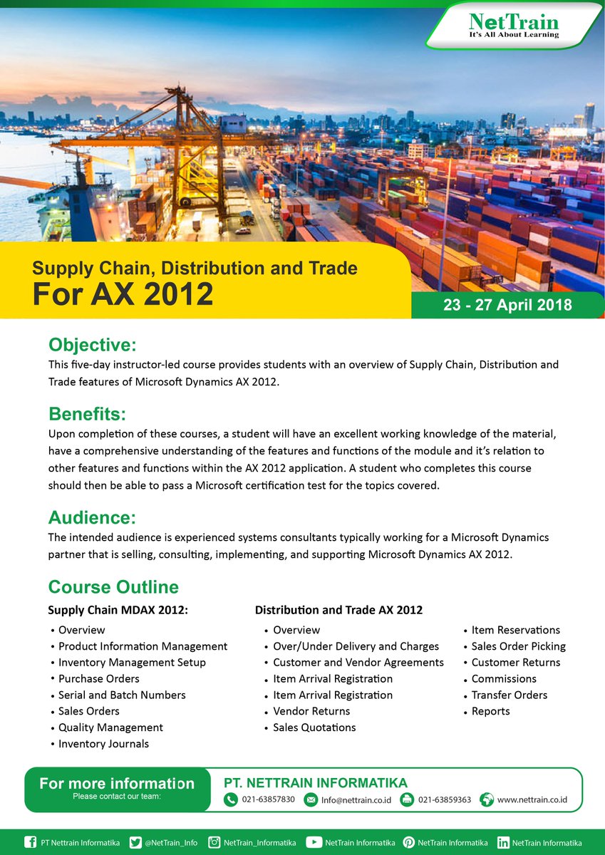 NetTrain_Info's tweet image. This five-day instructor-led course provides students with an overview of Supply Chain, Distribution and Trade features of Microsoft Dynamics AX 2012.

#InfoNetTrain #Training #DynamicsAX2012 #Supply #Chain #Microsoft #Consultants #Implementing #Experience #Certification