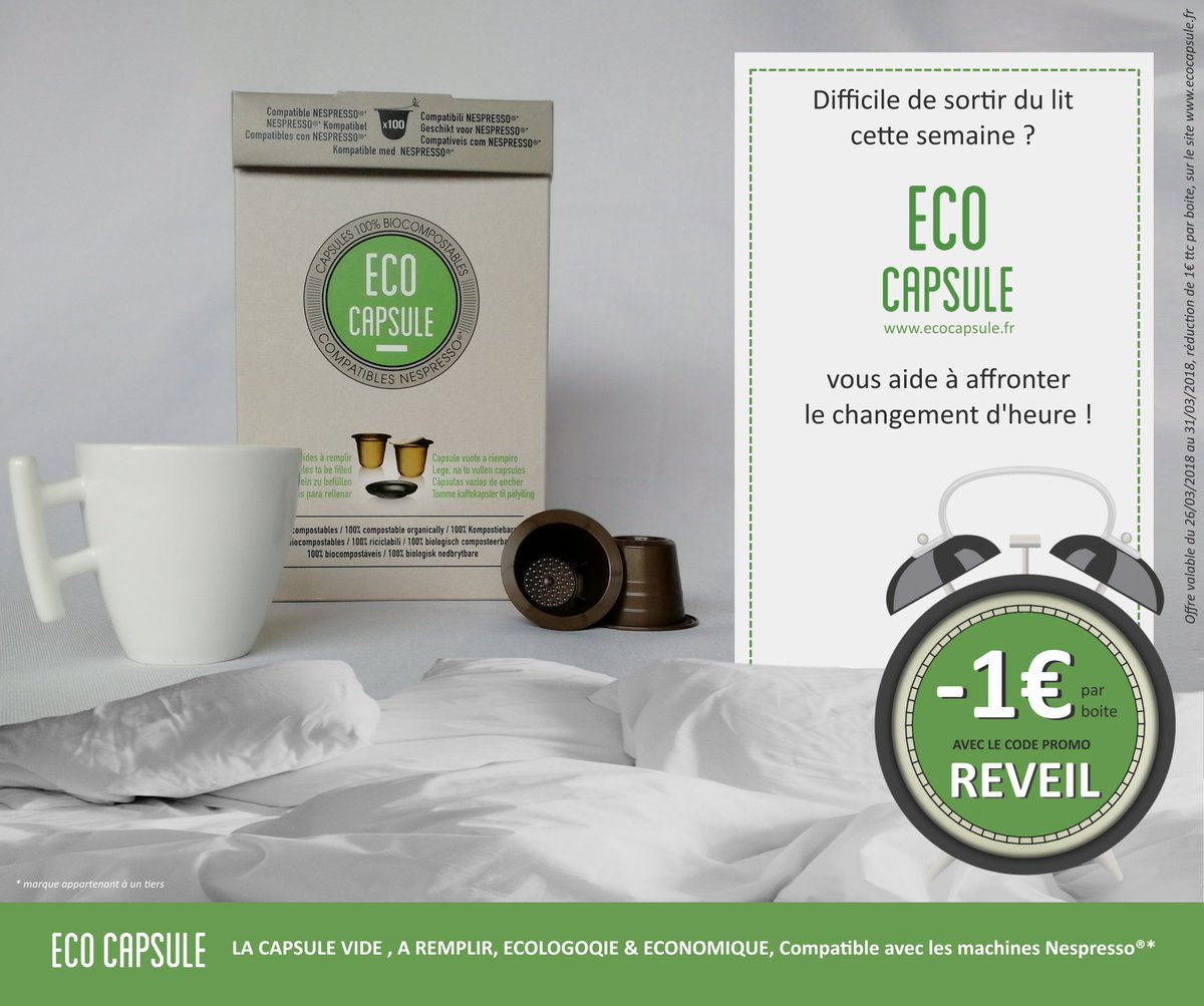 Difficile de sortir du lit cette semaine ? 😴
ecocapsule.fr  et <a href="/Vegeplast/">Vegeplast SAS</a> vous aident à affronter le changement d'heure !  🕑
1€ de #REDUCTION immédiate par boite, sur notre site, avec le code promo REVEIL  ☕